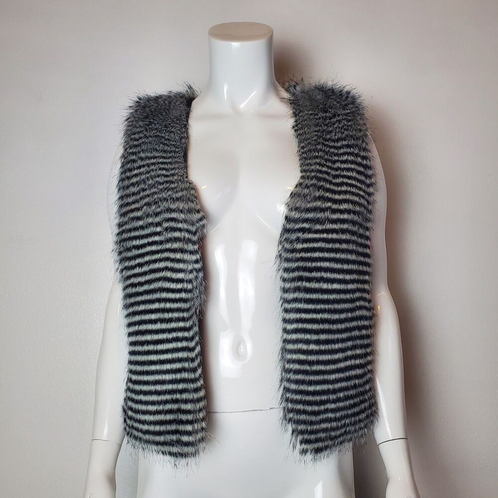Calvin Klein Black Gray Stripe Faux Fur Vest